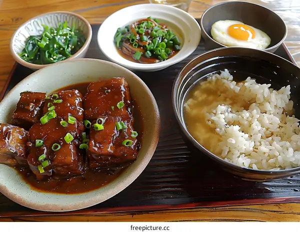 Delicious Japanese Meal with Stewed Tofu, Rice, and Fried Egg
