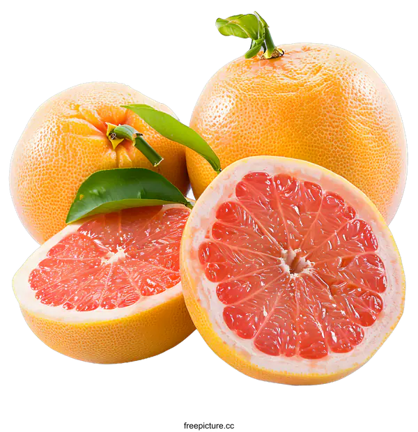 [Transparent Background PNG]Fresh Ripe Grapefruit with Green Leaves on White Background