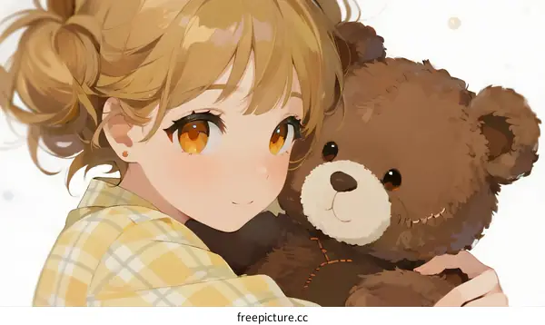 A Young Girl in Yellow Plaid Hugging a Brown Teddy Bear