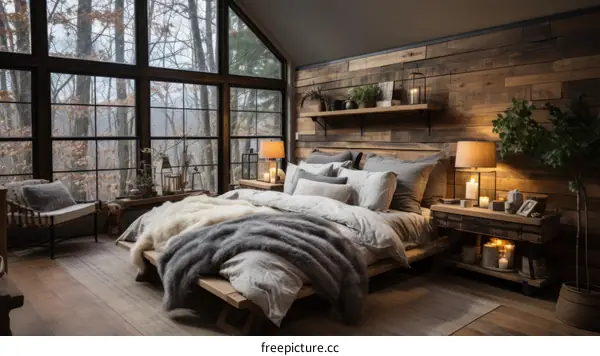 Cozy forest bedroom with large bed and sitting area