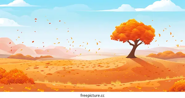 Autumn Landscape with Single Tree and Falling Leaves