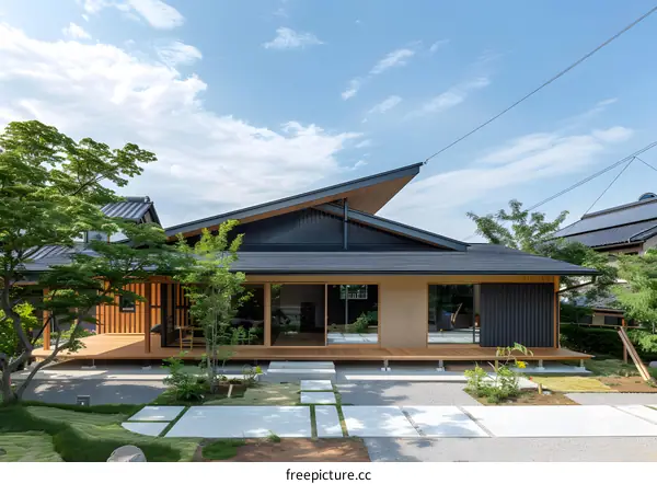 Modern Japanese House with Wooden Deck and Stone Path