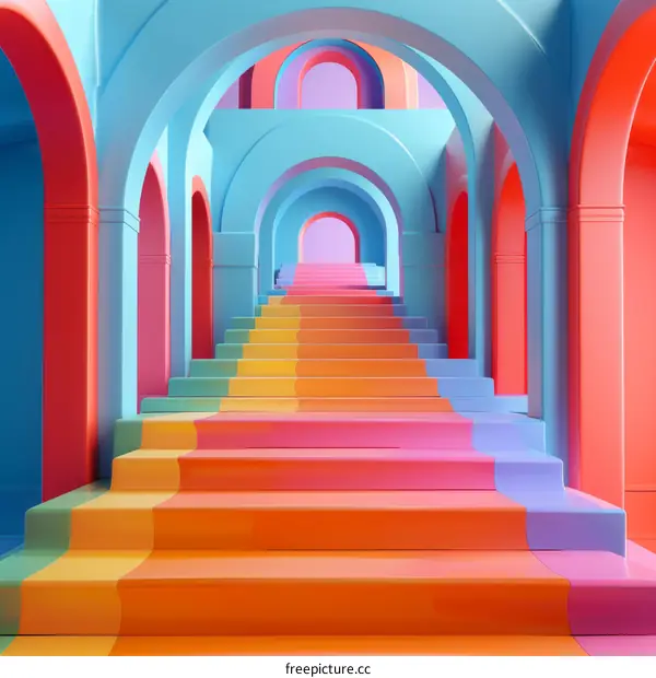 Colorful Rainbow Staircase in an Archway Corridor