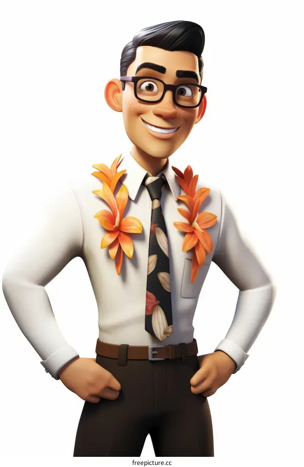 Brown-haired Businessman in Suit, Glasses, and Lei