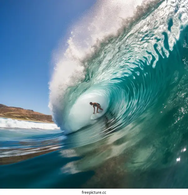 Surfer rides a big wave in the ocean