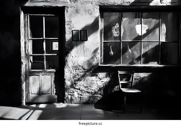 Black and White Photo of a Doorway, Window, and Chair in an Old Building