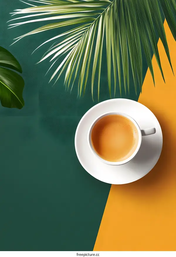 Coffee Cup on Green and Yellow Background with Palm Leaves