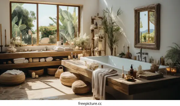 Modern bathroom interior with natural materials and tropical plants