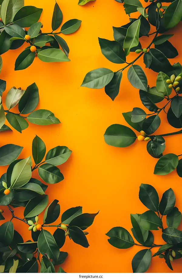 Green Leaves and Orange Background Flat Lay