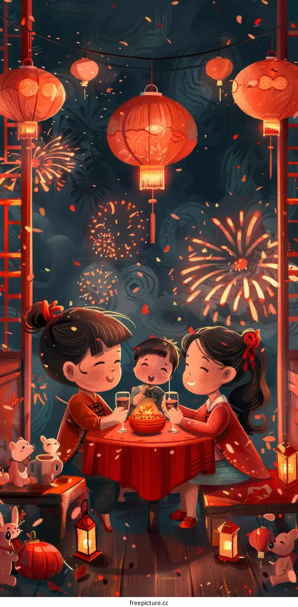 Chinese New Year Family Celebration with Lanterns and Fireworks