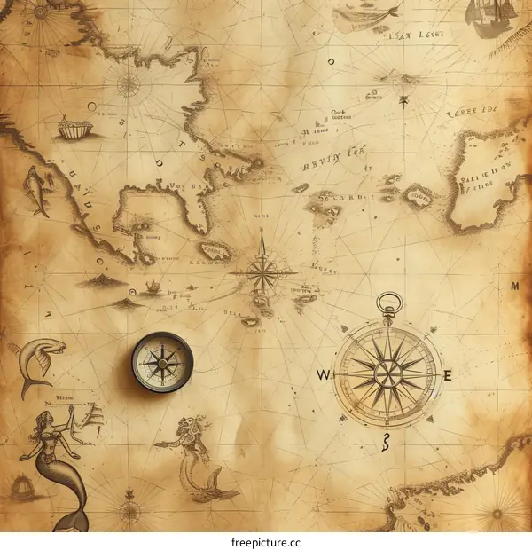 Vintage Compass on Nautical Map