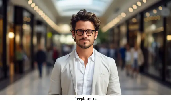 Portrait of a handsome young man with glasses standing in a shopping mall
