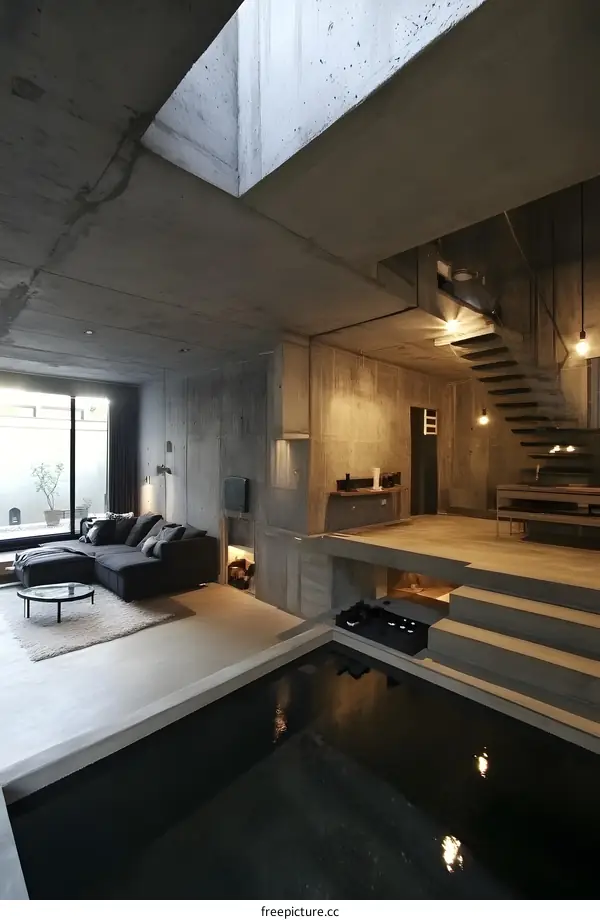 Modern Concrete House with Indoor Pool and Staircase