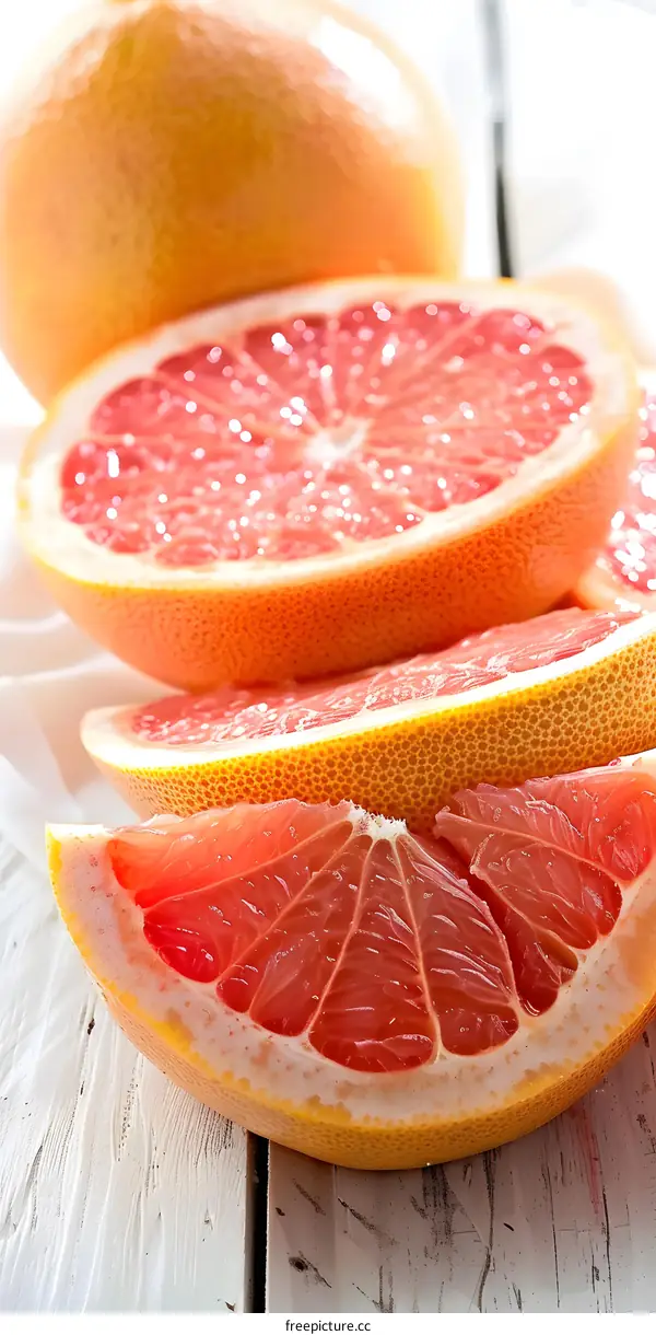Close up of Freshly Sliced Grapefruit on Wooden Table