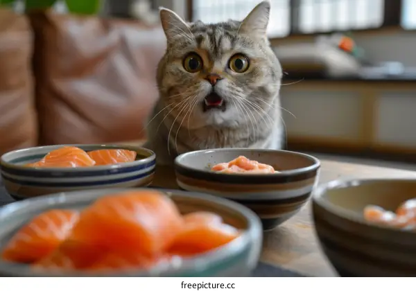 Cat looks at bowls of salmon