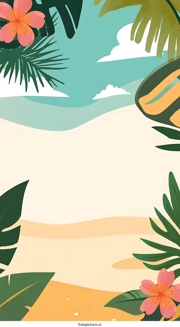 Tropical Leaves and Flowers on a Beach Background