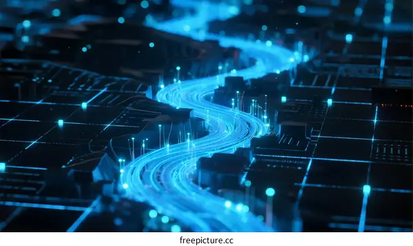 Futuristic Circuit Pattern with Light Trails and Digital Grid