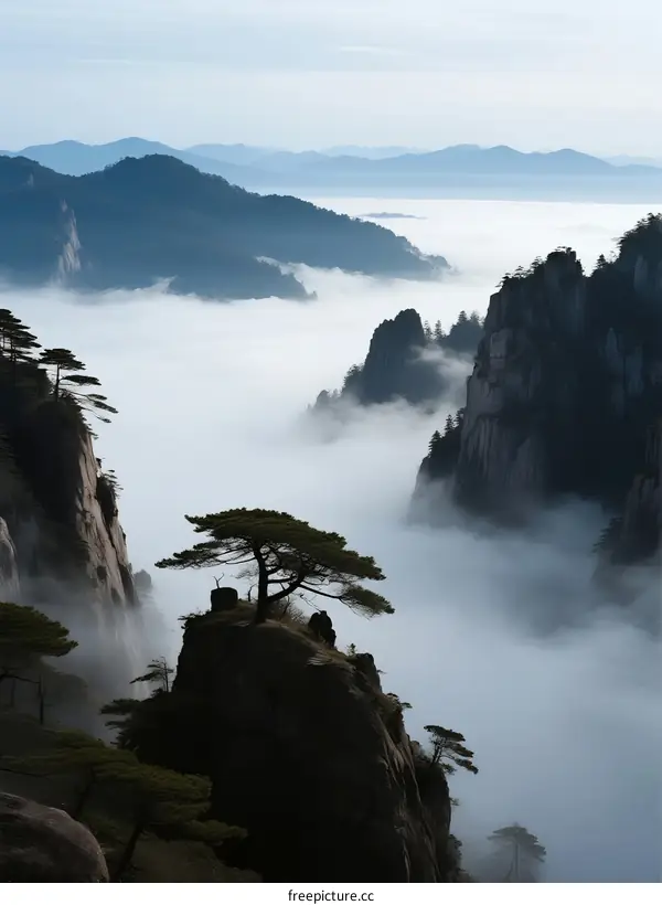 Misty Huangshan Mountains with Pine Trees and Clouds