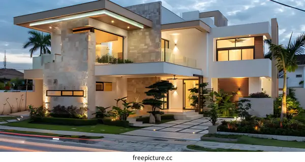 Modern Architecture Home With Stone Facade and Lush Landscaping