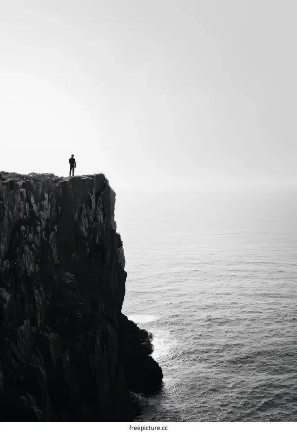 Man standing alone on a cliff overlooking the ocean