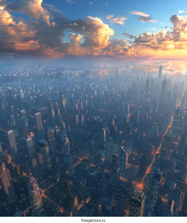 俯瞰图 of a large city with skyscrapers reaching high into the sky