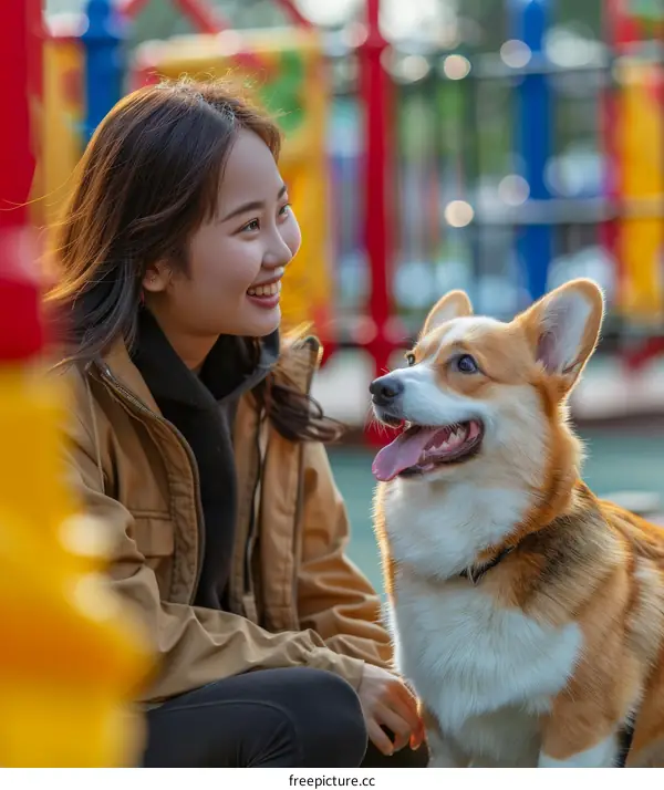 Asian woman smiling at her corgi dog in the park