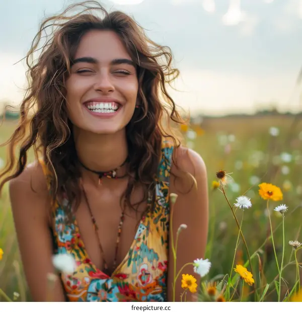 Happy Woman in a Field of Flowers, Smiling and Closing her Eyes