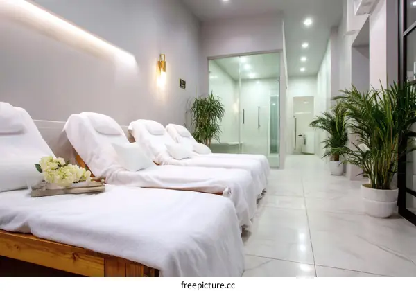 Modern Spa Relaxation Area with White Loungers