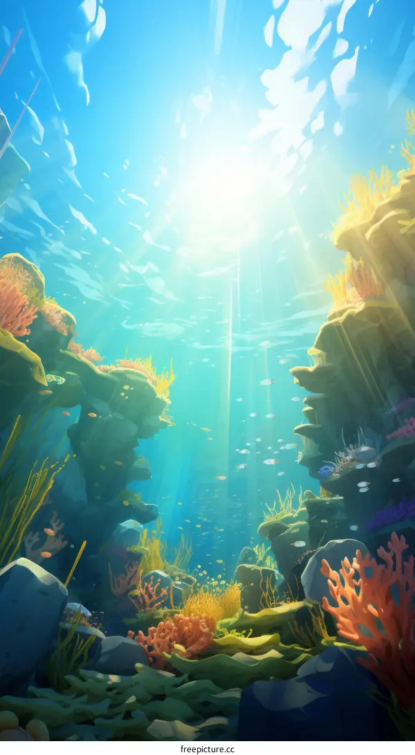 Underwater coral reef with a ray of sunlight shining through