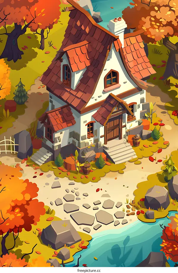 Autumn House Illustration With River And Trees