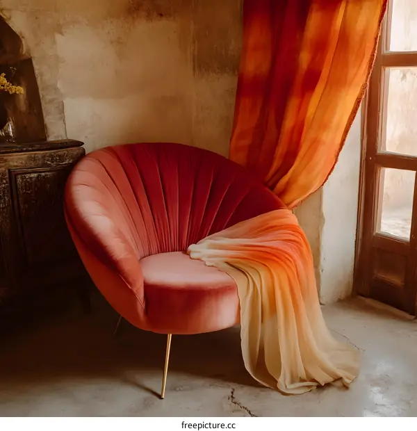 Red Velvet Chair With Ombre Fabric In A Room With Old Walls And Window