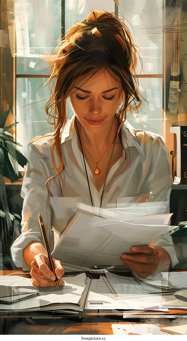 A woman in a white shirt is writing something on a piece of paper.