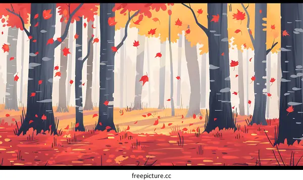 Autumn Forest Illustration with Falling Leaves