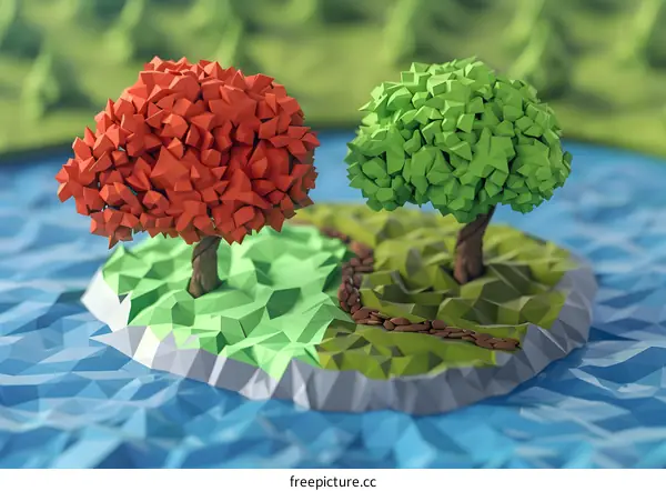 Low Poly 3D Render Of Red And Green Trees On An Island