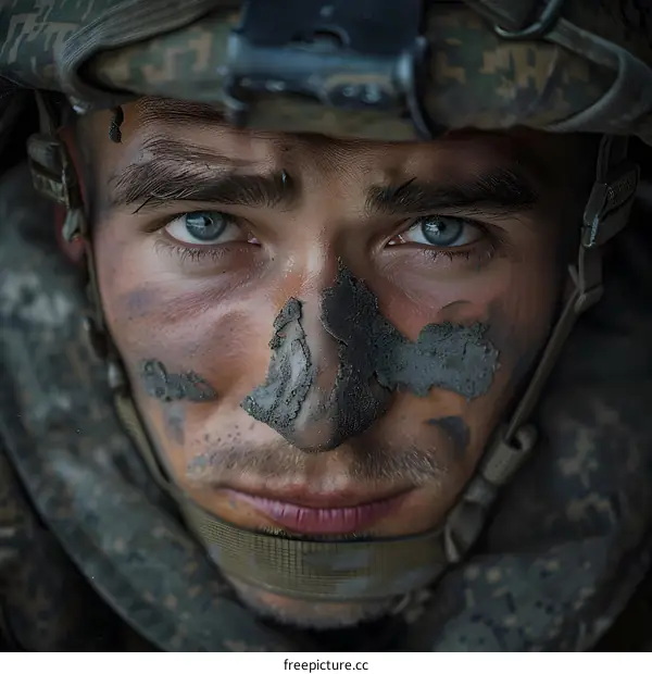 Portrait of a soldier with blue eyes and mud on his face