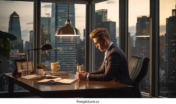 Young businessman working late in his office