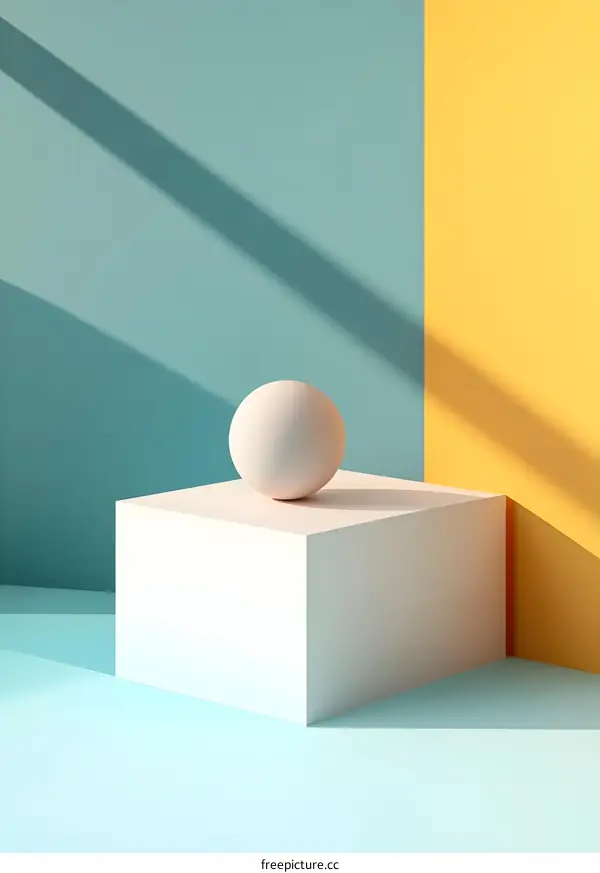 Minimalist Sphere on White Cube Against Blue and Yellow Background