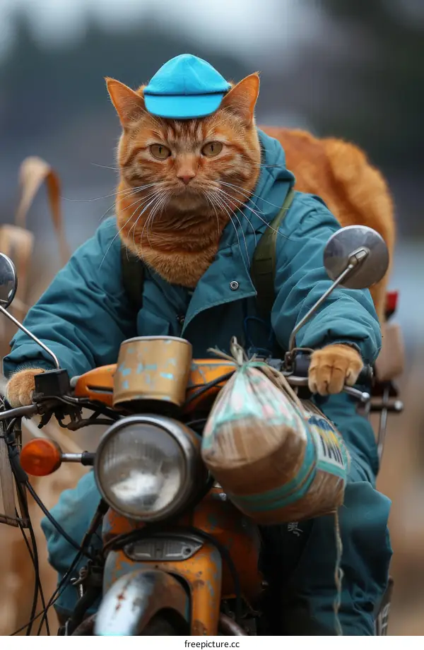 Funny Cat Riding a Motorcycle Wearing a Blue Hat and Green Jacket