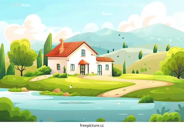 White House with Red Roof in Green Meadow