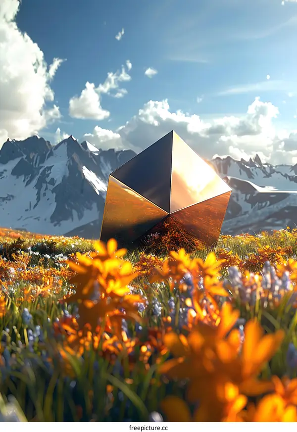 Golden Geometric Shape in Meadow Landscape