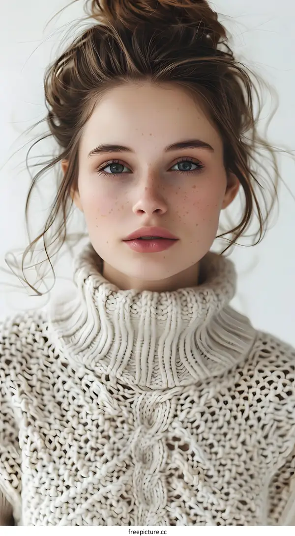 Portrait of a Young Woman with Freckles Wearing a Knit Sweater