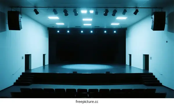 An empty stage with bright lights and seating area