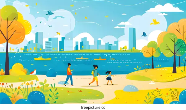 Family Walking in City Park with Lake and Buildings in Background