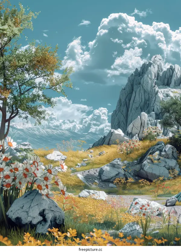 fantasy landscape with rocks and flowers