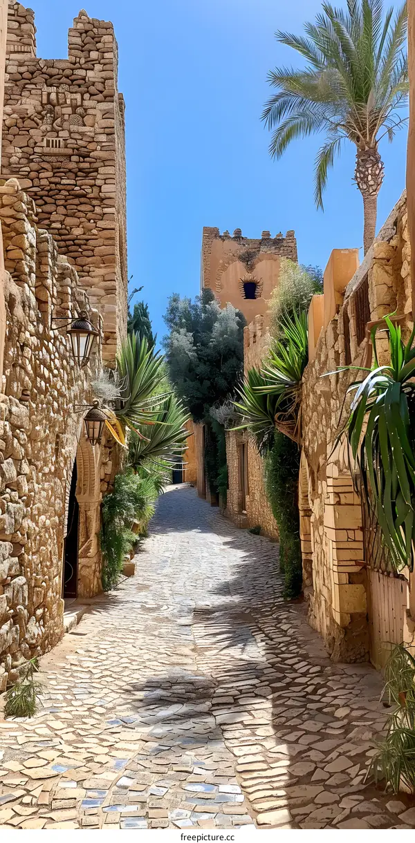 Narrow street with stone buildings and palm trees