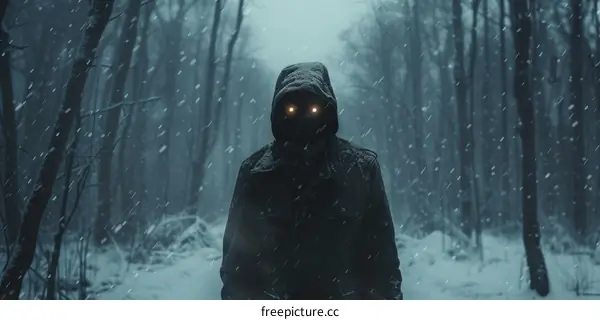 A mysterious hooded figure stands in a snowy forest