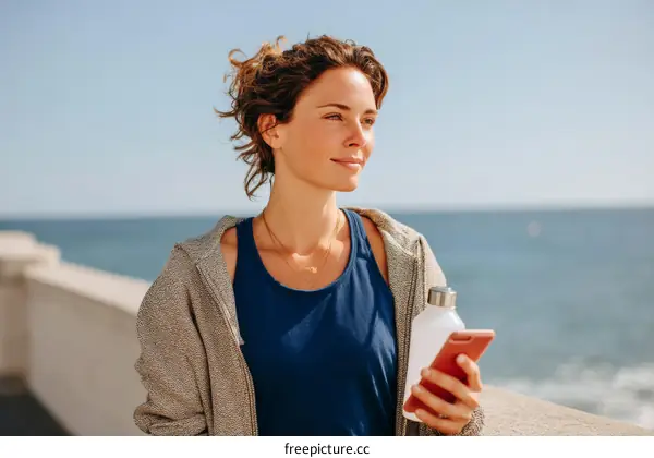 Young Woman Relaxing by the Seaside with a Water Bottle and Phone
