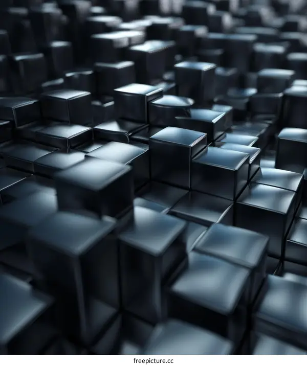 Abstract 3D rendering of a surface of black cubes with beveled edges and a glossy surface