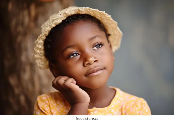 Thoughtful Child in Straw Hat
