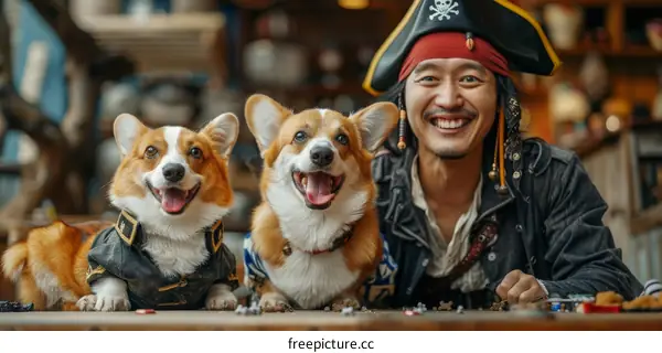 A man and his two corgis are dressed up as pirates
